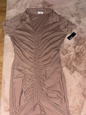 Ruched Collared Bodycon Dress - Mauve Brown